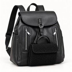 Black backpack with flap and silver zippers