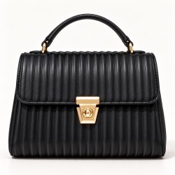 Front view of black handbag with gold clasp