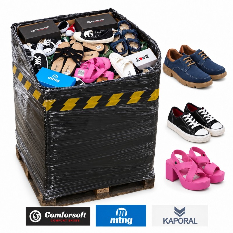 Pallet aperto di calzature miste, modelli e marchi assortiti